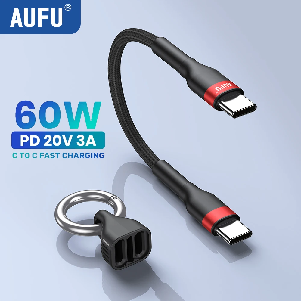 AUFU PD60W USB Type C to Type C Cable Quick Charge 3.0 USBC Short Cable for iPhone MacBook Xiaomi Power Bank Keychain Data Cable
