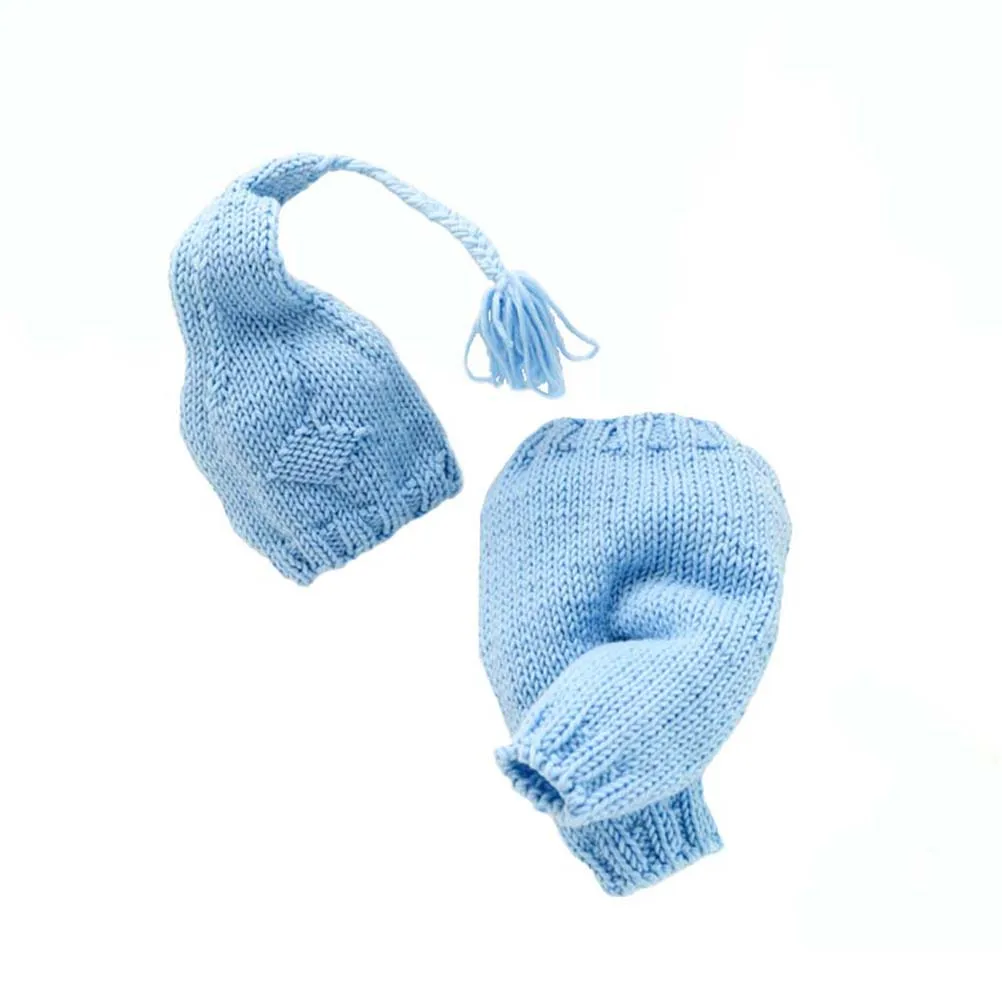 

3pcs Baby Photography Outfit Light Blue 0-3 Months Knitted Newborn Photo Prop Long Tassel Hat Infant Costume For Daily Wear