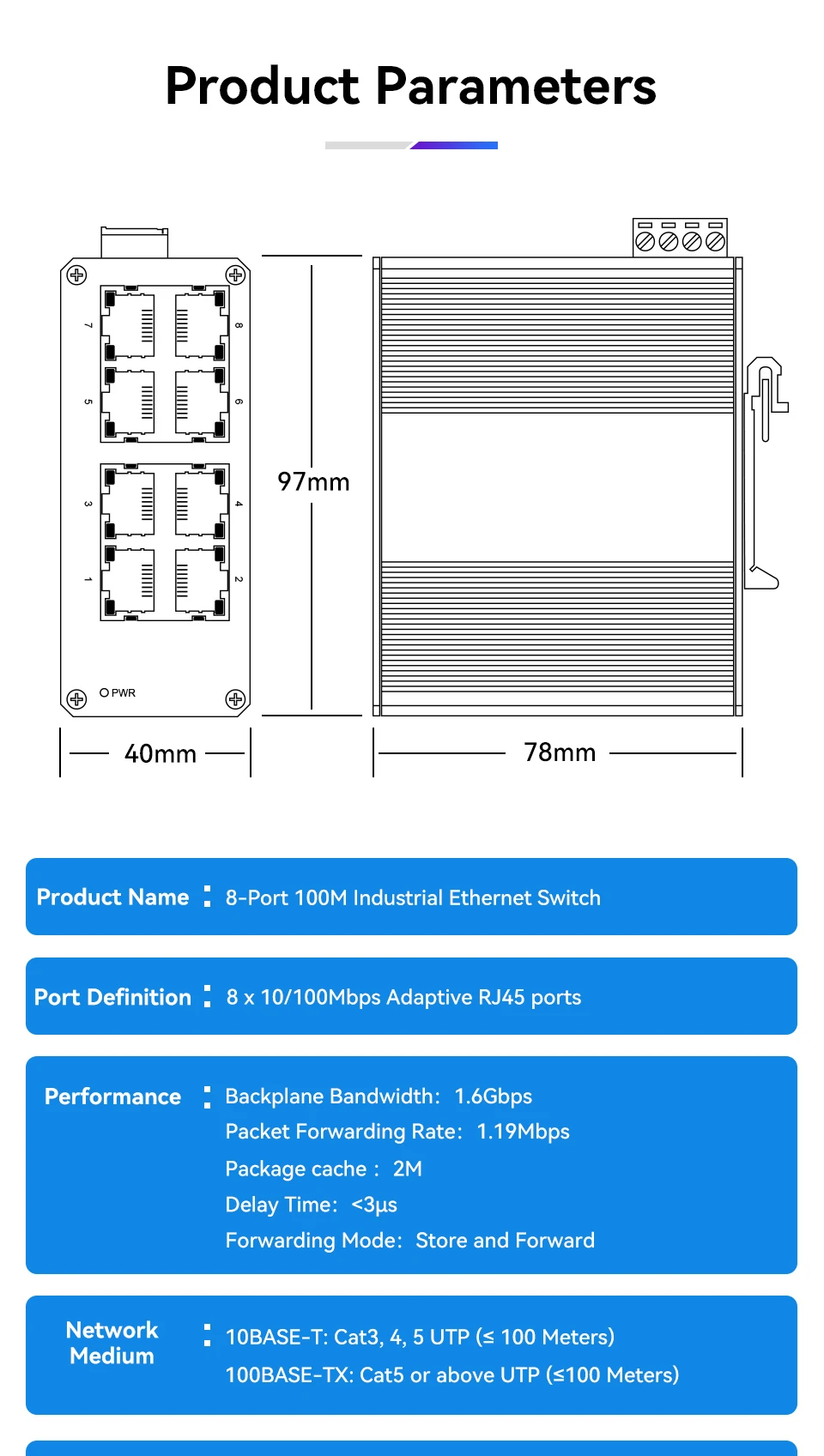 HORACO 8 Port 100 M Industrieschalter 10/100 M Mini Industrie Ethernet Netzwerk-Switch DIN-Schiene Plug-and-Play IP40-Schutz – Detail 12