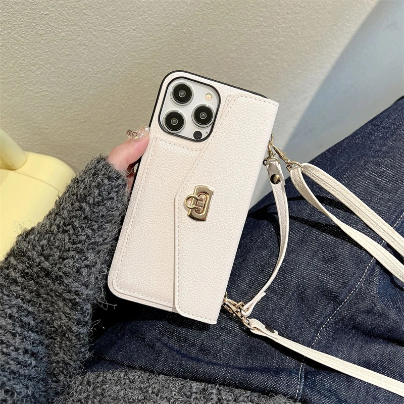 Wallet Shoulder Strap Phone Case for iPhone 16 Pro Max 13 12 14 15 Pro Max 16 Plus Rope Lady Leather Card Pocket Lanyard Cover