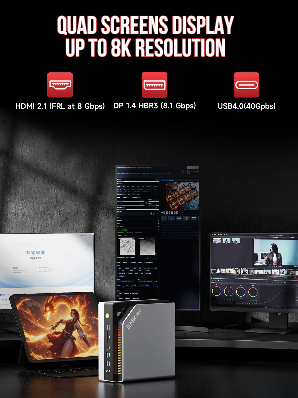 GMKtec EVO-X2 AI Mini PC AMD Ryzen Al Max+ 395 Win11 Pro 128GB LPDDR5X 8000MHz (16GB*8) 2TB PCIe 4.0 SSD WiFi 7 BT5.4 PC da gioco