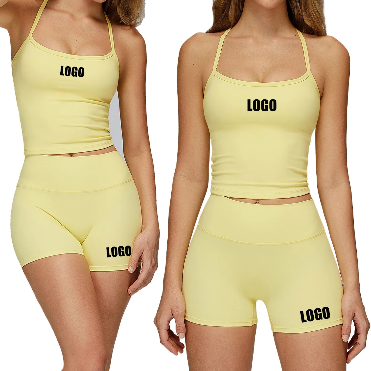 Custom LOGO women's tight-fitting grinding yoga set, quick-drying fitness clothes, running sports shorts, vest 2-piece set
