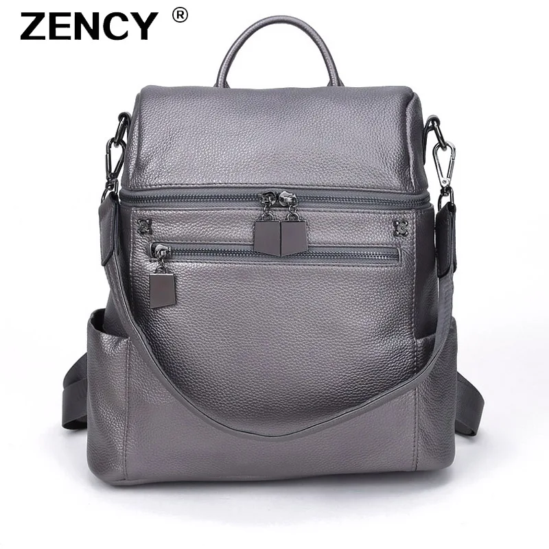 ZENCY Genuine Cowhide Leather Women\'s Backpacks Designer Female Lady Backpack Cowhide White Silver Gray Bags