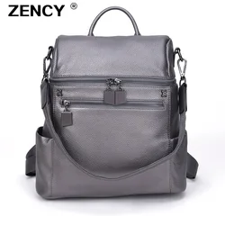 ZENCY Genuine Cowhide Leather Women's Backpacks Designer Female Lady Backpack Cowhide White Silver Gray Bags