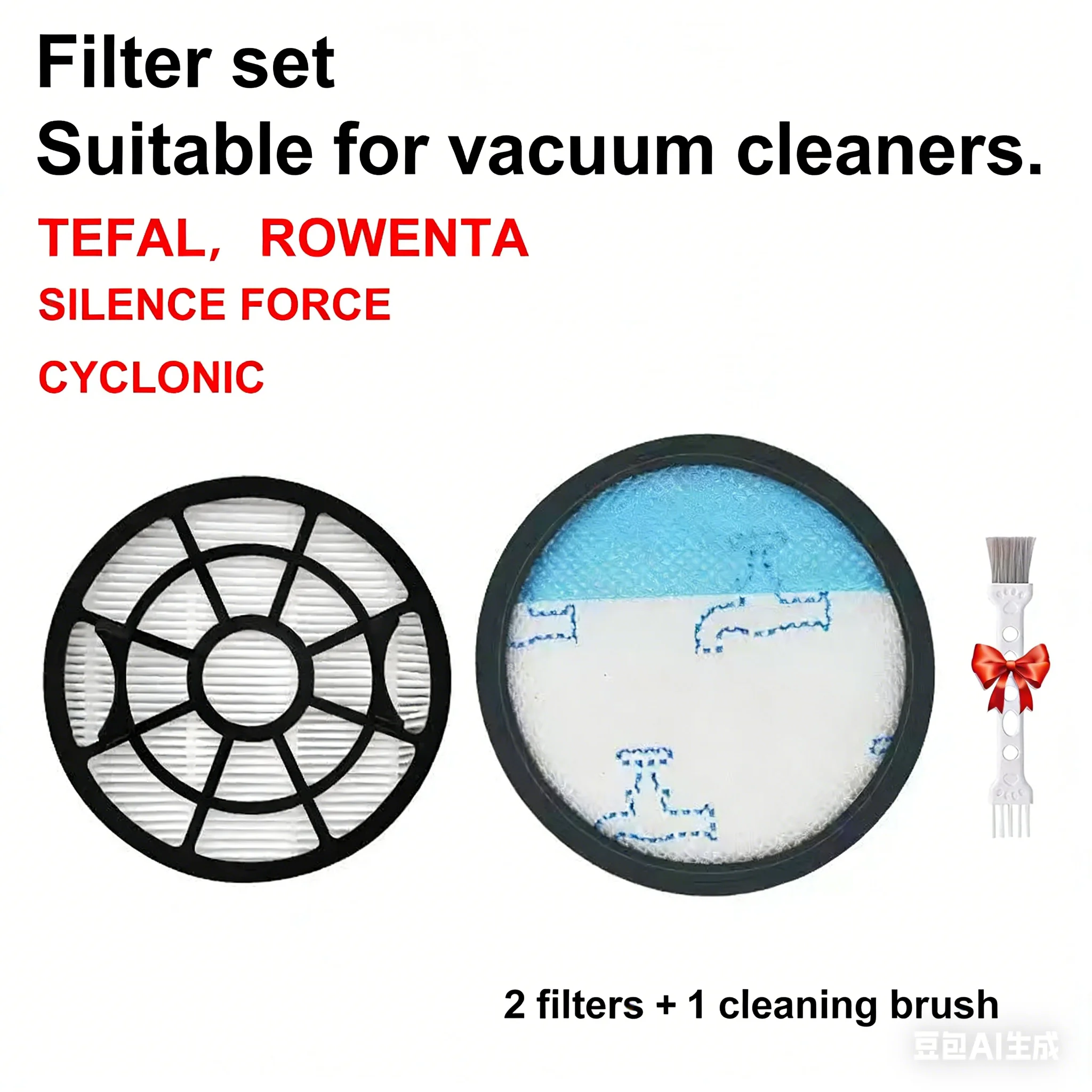 Filter Set for Tefal Rowenta Silence Force Cyclonic RO4871 MV909 Vacuum Cleaner, 2 Filters + 1 Cleaning Brush Replacement