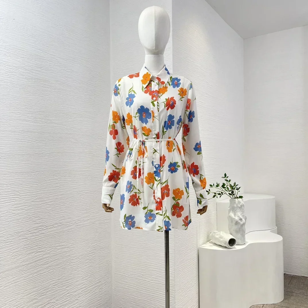 Spring Summer New Collection White Flowers Print Long Sleeve Self Tie Belt Shirt Mini Dress for Women