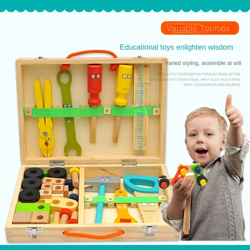 Caixa de Ferramentas Portátil de Madeira LazyChild com Desenhos Animados, Brinquedo Educacional de Montar e Desmontar para Crianças