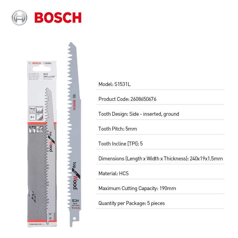 

5 шт. полотна для сабельных пил 240 мм, Bosch S1531L 5Tpi, боковые шлифовальные лезвия для резки древесины Hcs, универсальные, подходят для всех лобзиков с S-образным хвостовиком