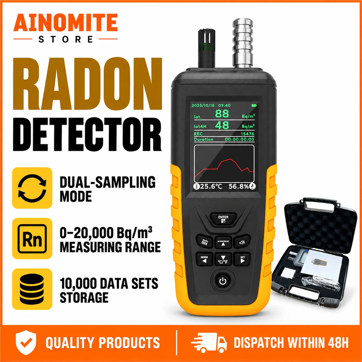 Accurate Radon Detector for Home, TFT Display Air Quality Monitor with Data Logger, Pump Suction & Diffusion Dual Mode, HZ-8101