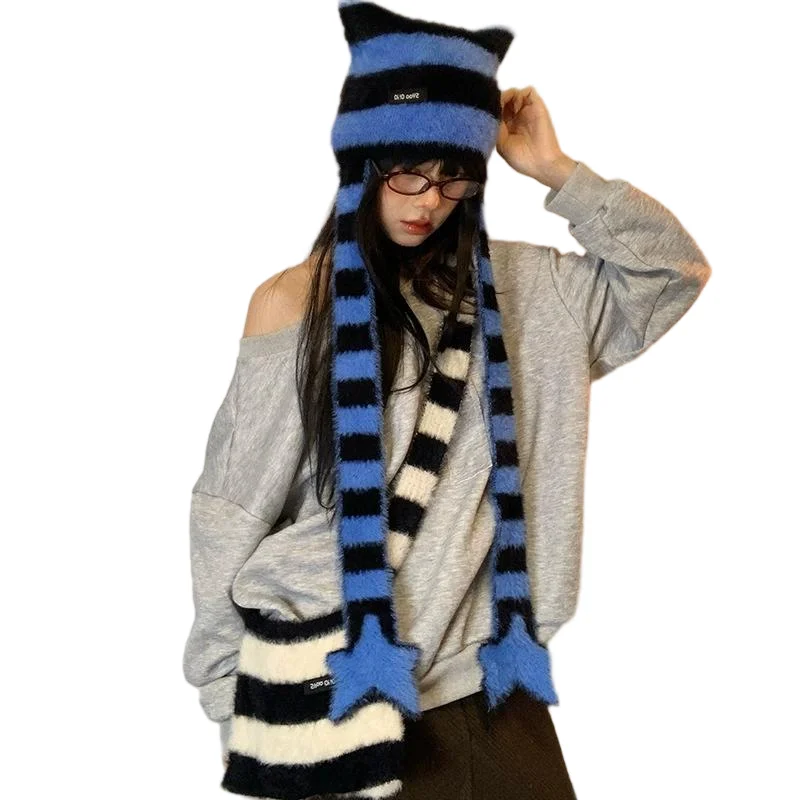 Hot Girl Sweet Cool Style Hut Stern gestreifte Plüsch-Strickmütze Vielseitig für Herbst und Winter – Detail 7