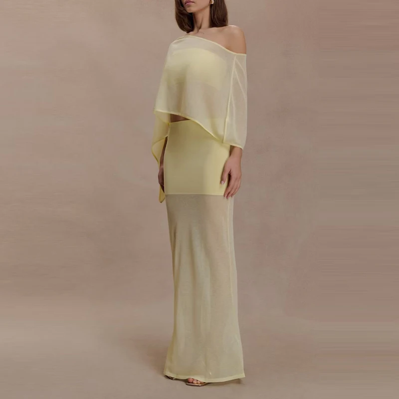 

Summer Vacation Beach Cover Up Outfits Sexy Perspective Slimming Two Piece Sets New Slant Neck Top and Long Skirt Women's Suit