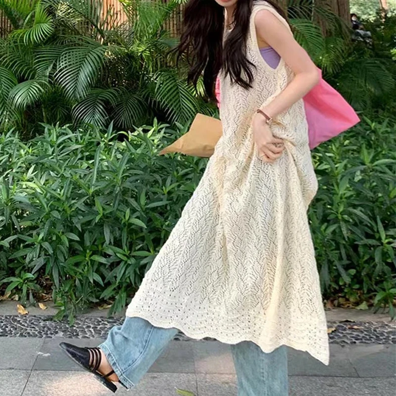 

Fashion Sleeveless Cardigan Knitted Lace Dress Retro Hollow Out Sun Protection Women Covers Up Summer Elegant Top Korean Shirt