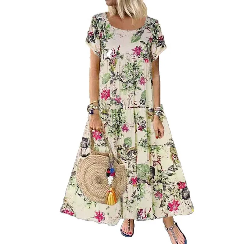 2023 Summer Women's Vintage Floral Long Dress Boho Casual Loose Short Sleeve Dresses Holiday Party платье женское летнее