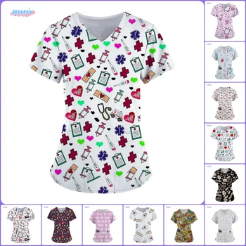 Narzędzia medyczne Grafika Mundur medyczny Pielęgniarka Klinika Pielęgniarstwo Odzież robocza Szpitalna koszulka na co dzień Bluzka z krótkim rękawem Damska medyczna