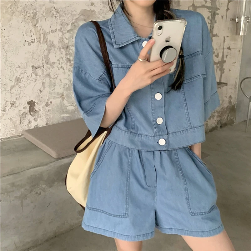 2023 New Summer Fashion Denim Two-piece Set Women Short Sleeve Short Coat + High Waist Slim Shorts Casual Y2K Shorts Set Outfits