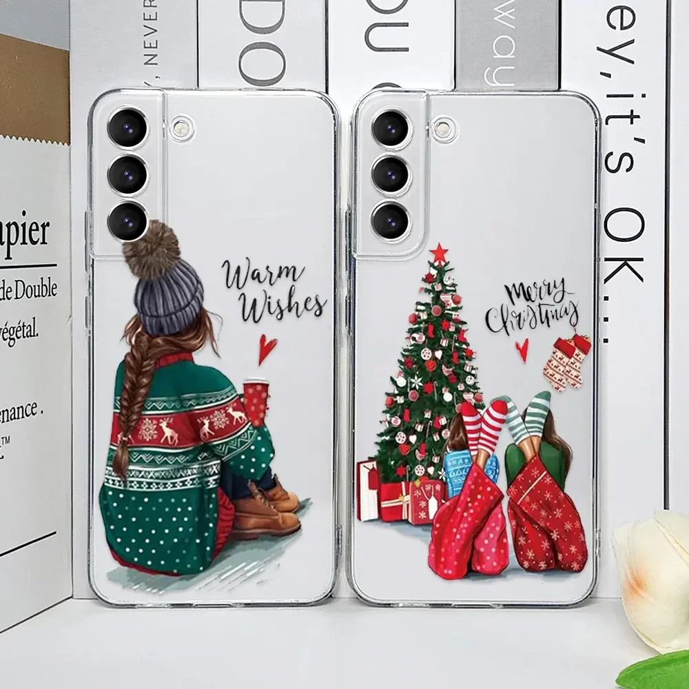 Christmas Tree Girl Phone Case for Samsung Galaxy S24 S23 S22 S21 S20 Ultra Plus FE Transparent Soft Cover New Year Gifts Fundas