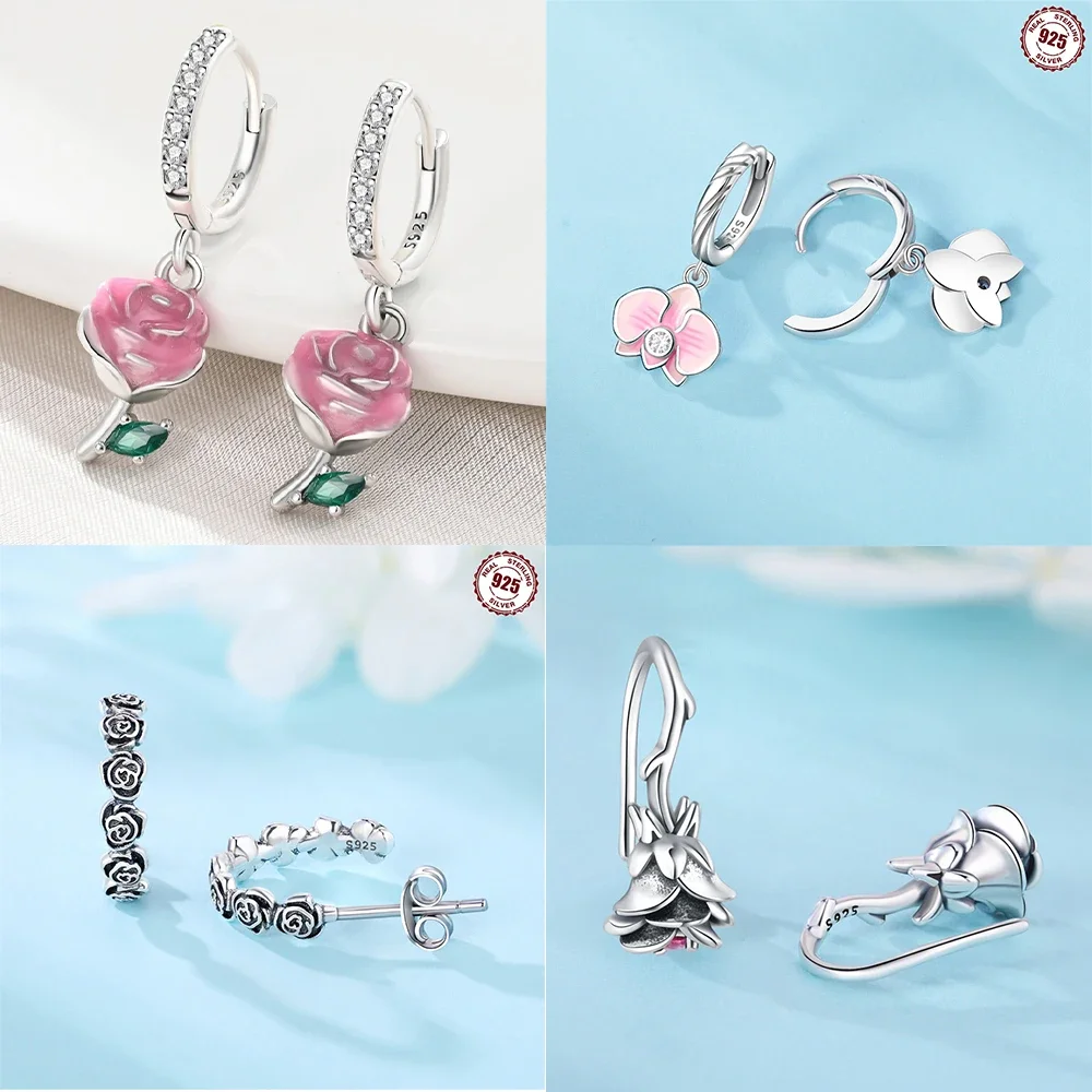 925 Sterling Silver Plant Flower Series Thorn Rose Flower Path Earrings for Women High-end Elegant Boutique Jewelry Gift