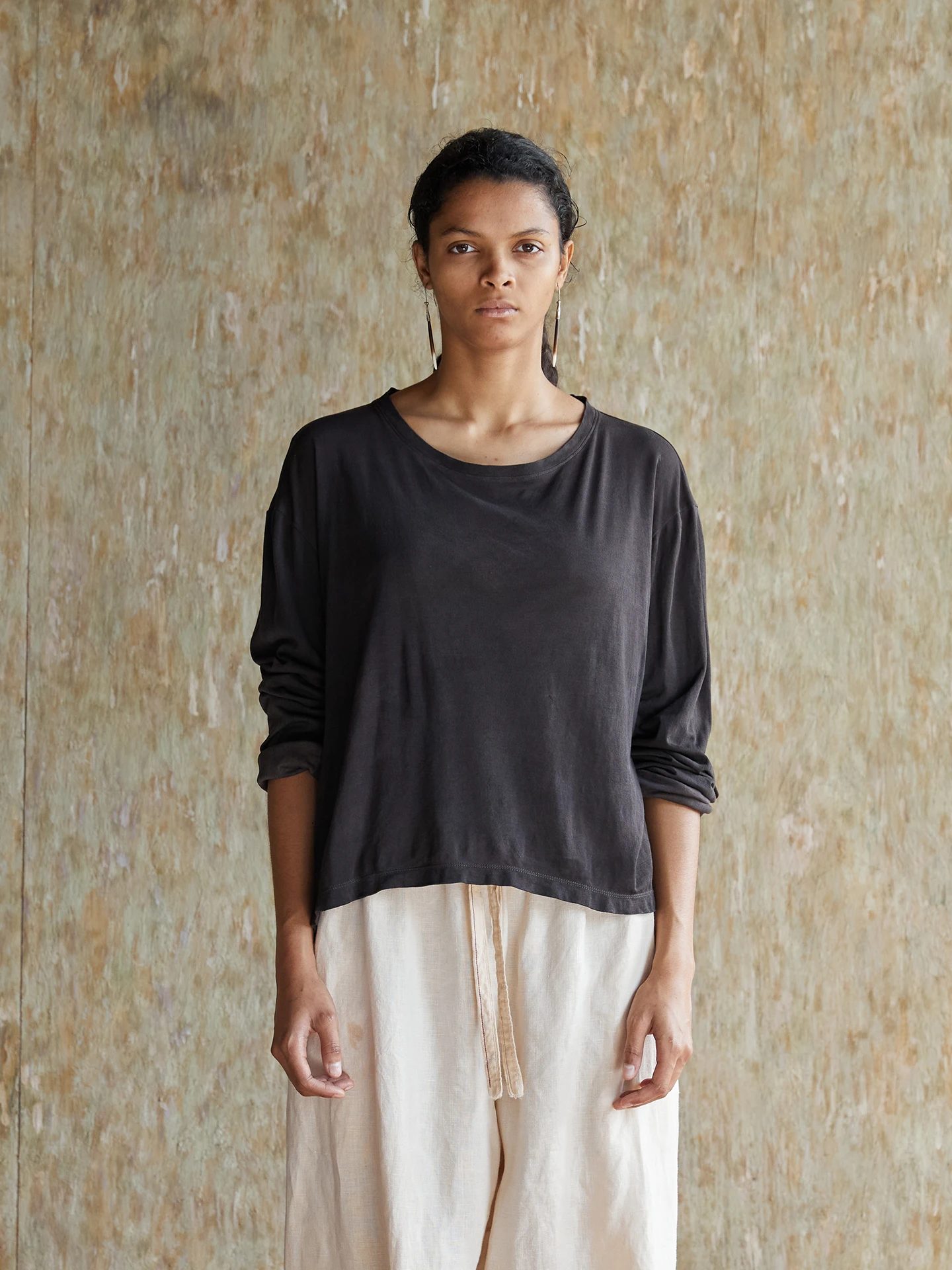 

Artistic Knitted Long Sve T-irt Plant Dyeing Casual Simple Sle Left Bank Fraance Women's Summer Top Cotton Silk Blend