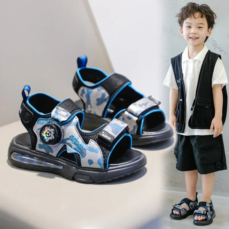 Boys Sandals Rotating Button Kids Beach Shoes Open Toes Soft Sole 2025 Summer New Children Casual Shoes Handsome Non-slip Trendy