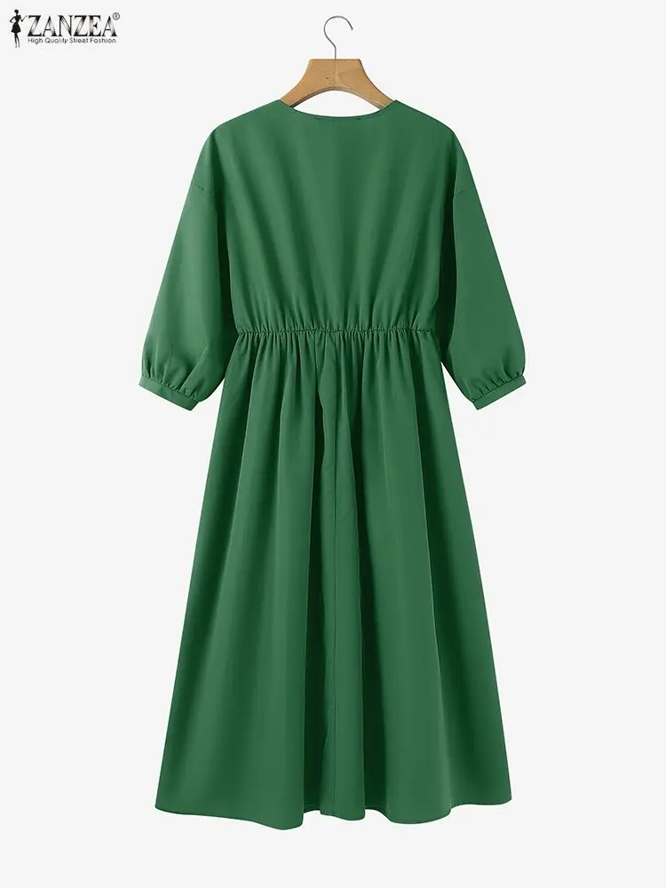 Abiti longuette casual eleganti da donna Moda scollo a V Manica a lanterna 3/4 Vita raccolta Abito a trapezio tinta unita ZANZEA Abiti donna