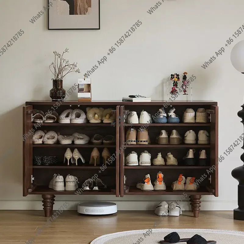 I H40 Medieval Black Walnut Home Shoe Cabinet Simple Engraving Cherry Wood Walnut Door Cabinet Storage Side Cabinet S