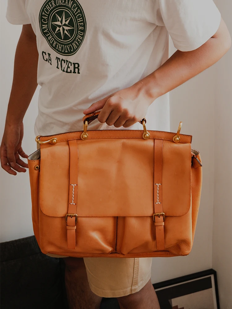 Fashion vintage designer handmade vegetable tanned cowhide men's women's briefcase casual luxury genuine leather laptop handbag