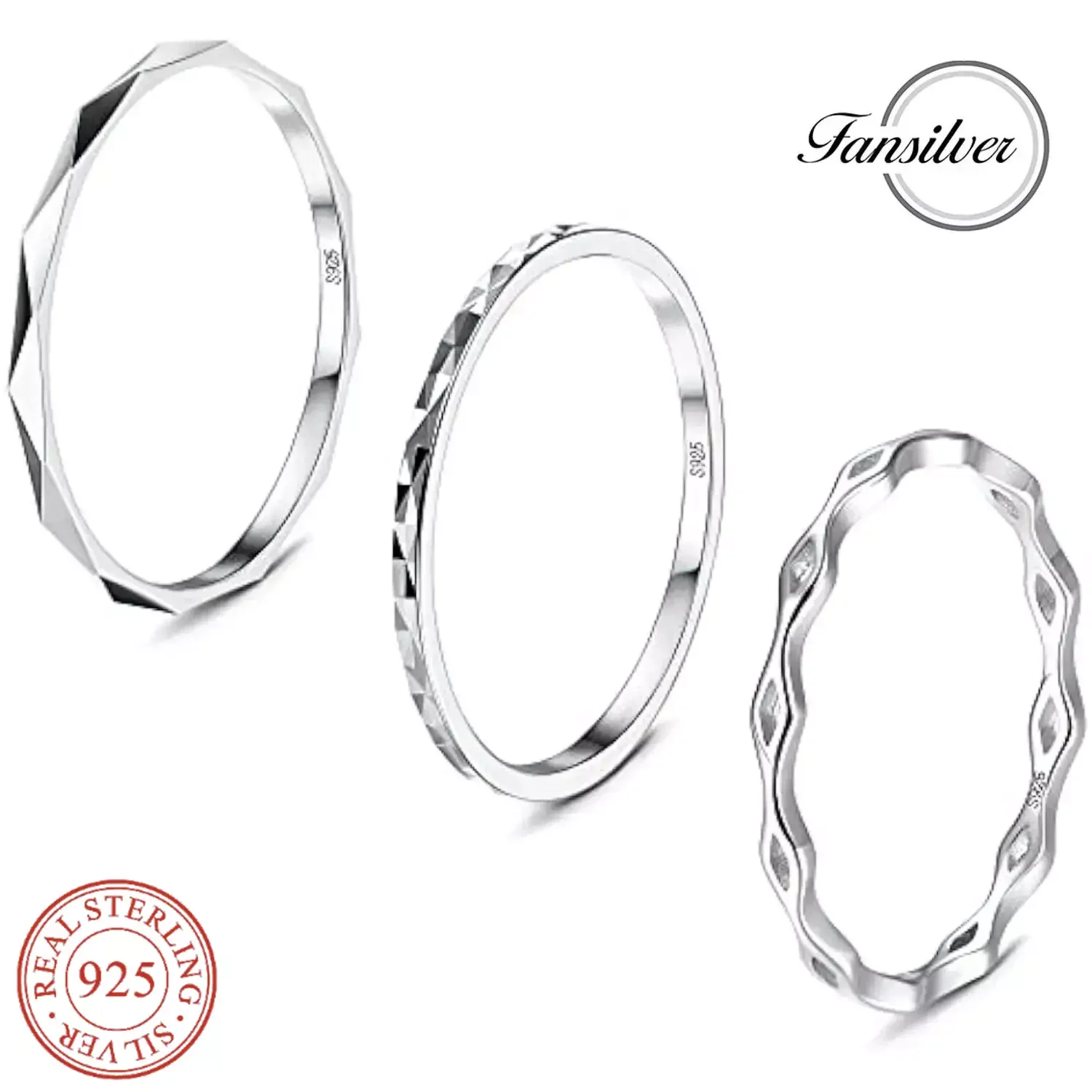 

Fansilver Sterling Silver Rings for Women Men 18K White Gold Plated Plain Band Knuckle Stacking Thumb Rings Diamond-Cut Ring