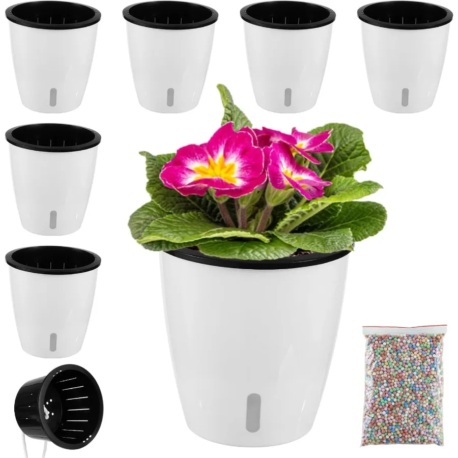 

5 Inch Self Watering Pots for Indoor Plants 6 Packs African Violet Pots with Indicator Black Wick Pot with Drainage Holes Self