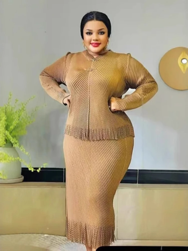 

EGRM Tassel Design Pleated 2 Pieces Skirt Sets Women Long Sleeve Metal Butterfly Buttons Tops and A Line Midi Skirt Set 6R1007