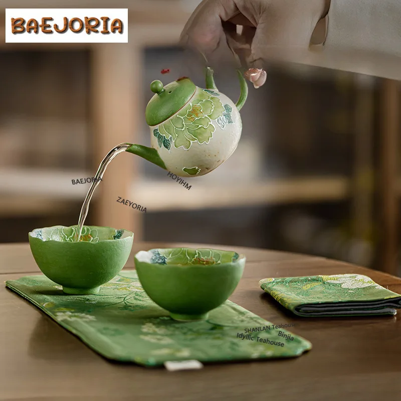 BAEJORIA Hand Painted Green Peony Travel Tea Set Kit Creative 1 Pot 2 Cups Tea Brewing Organizer Portable Picnic Handbag Gift