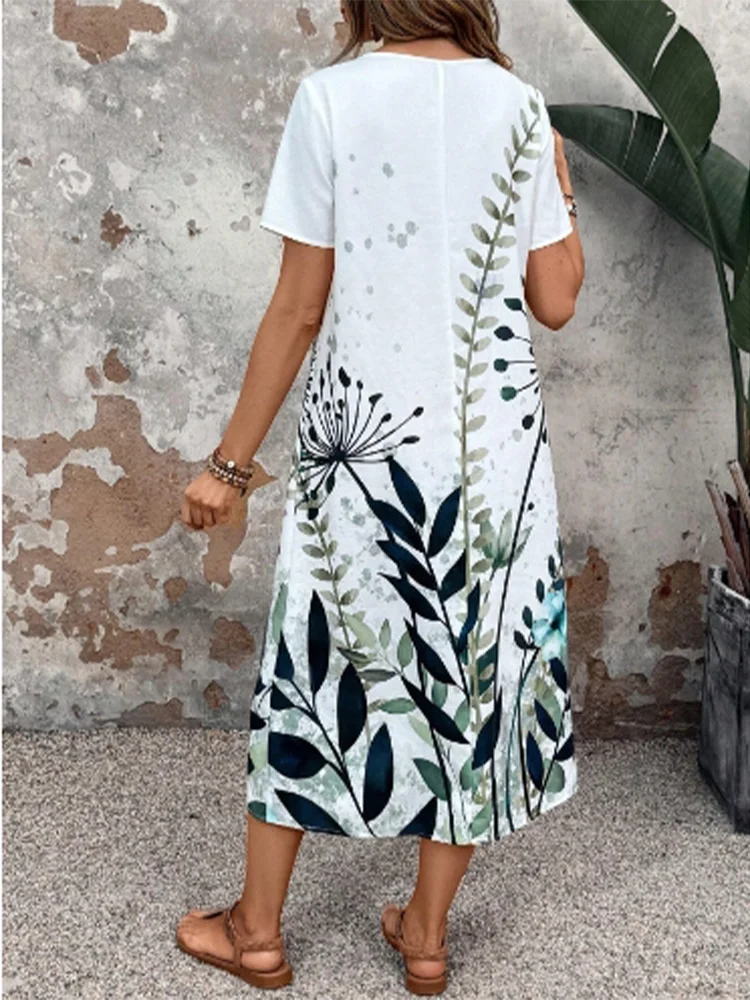 Damesjurk met bloemenprint, korte mouwen, casual ronde hals, modieuze straat, elegante zomerjurk in woon-werkstijl