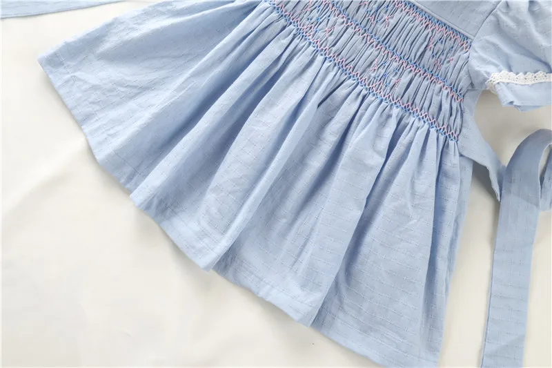 Kids Short Sleeve Smocked Dress For Girls Summer 2023 Embroidery Cotton Blue Dresses Outfit Party Children Clothes For 1-5 Years