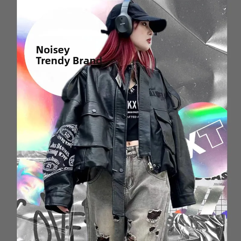 Sli bordado motociclista jaet ort americano sle casaco de couro feminino legal gola 2025 nova tendência faion streetwear