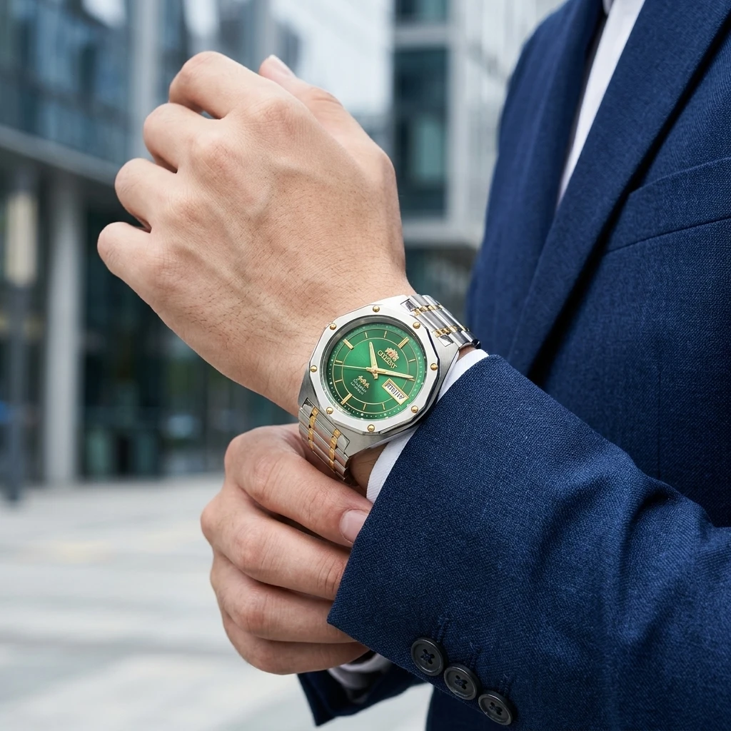 Japan Orient Automatic Mechanical Men Watch Octagonal Case Dual Day Date Luminous 30M Waterproof Stainless Steel Wristwatch