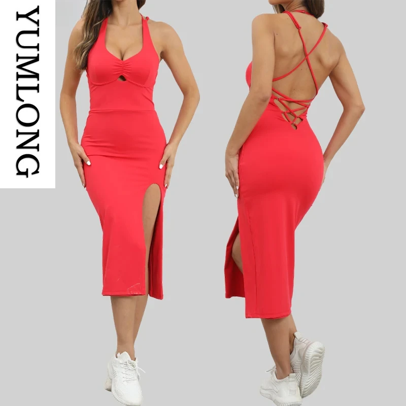 

Sexy Backless Yoga Bodysuit Skirted One-Piece Workout Outfit Gym Running Fitness Side-Cut Quick-Dry Dance Booty Lifting Women