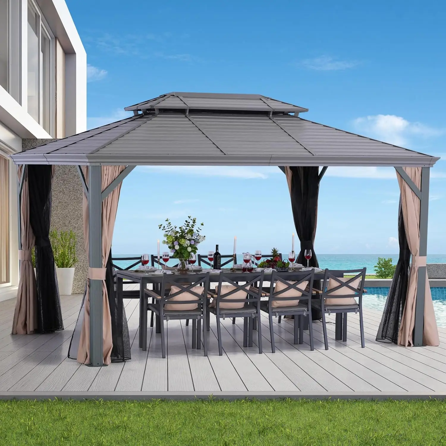 

Nova 10' X 13' Outdoor Hardtop Gazebo Double Galvanized Steel Gazebo Aluminum Frame Canopy with Netting and, Customized