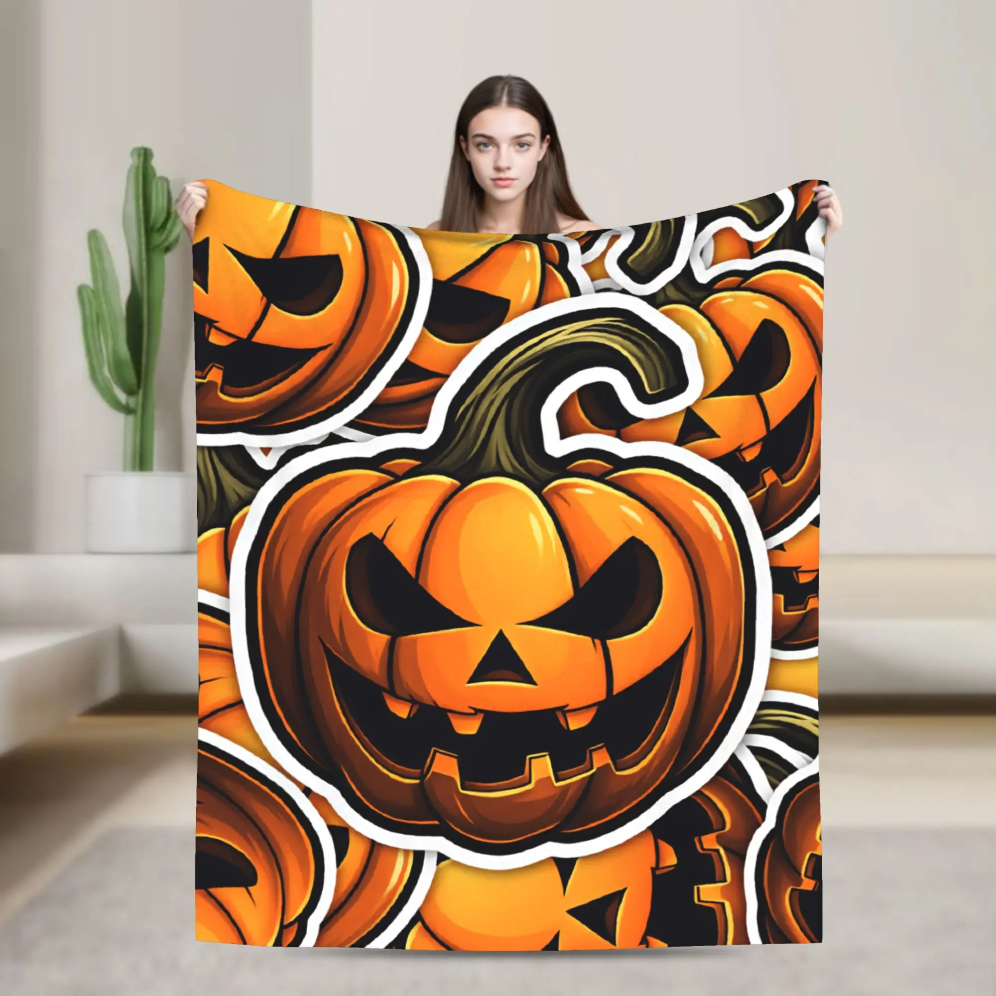 Cartoon Jack O Lantern Sticker Dense Seamless Pattern Blanket Cozy  Throw Blanket Winter Adults Sofa Home Plane Travel Bedspread