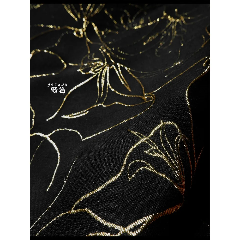 Black Background Gold Thread Pastoral Flower Bright Silk 3D Relief Texture Jacquard Fabric Self-diy Dress Designer Fabric