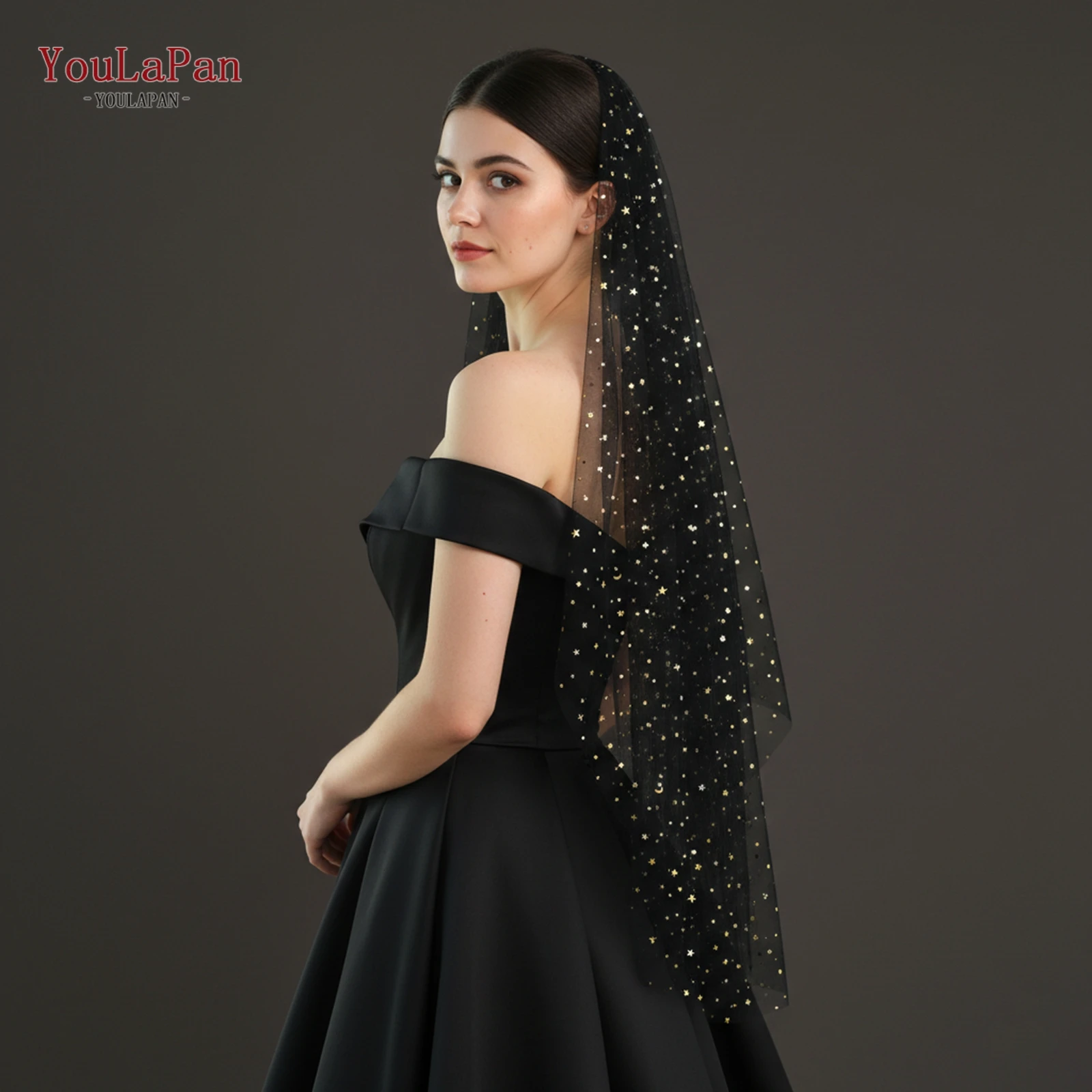 

Свадебная фата TOPQUEEN, черная, из мягкой тюлевой ткани, однослойная, 1 м, с золотыми пайетками в виде звезд и луны, аксессуар для свадебной вечеринки, Flash V209