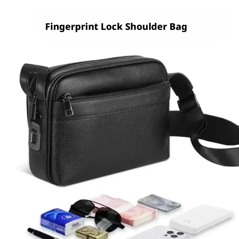 Anti-theft Fingerprint Lock Bags for Men, Genuine Leather Shoulder Bag Male Long Money Wallets, Mobile Phone Pouch Messenger Bag