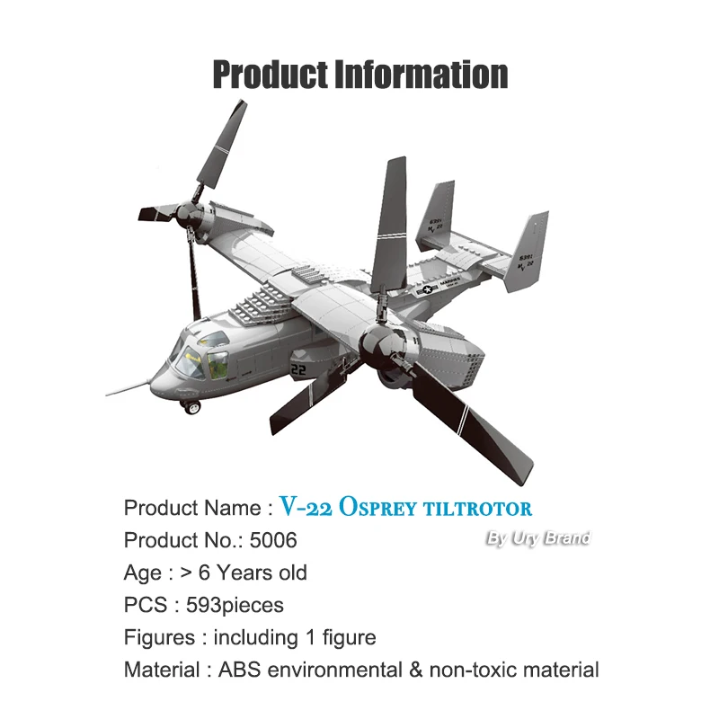 Military Helicopter Plane Army US V-22 Osprey Tiltrotor Transport Aircraft Set DIY 3D Expert Model Building Blocks Toys for Boys