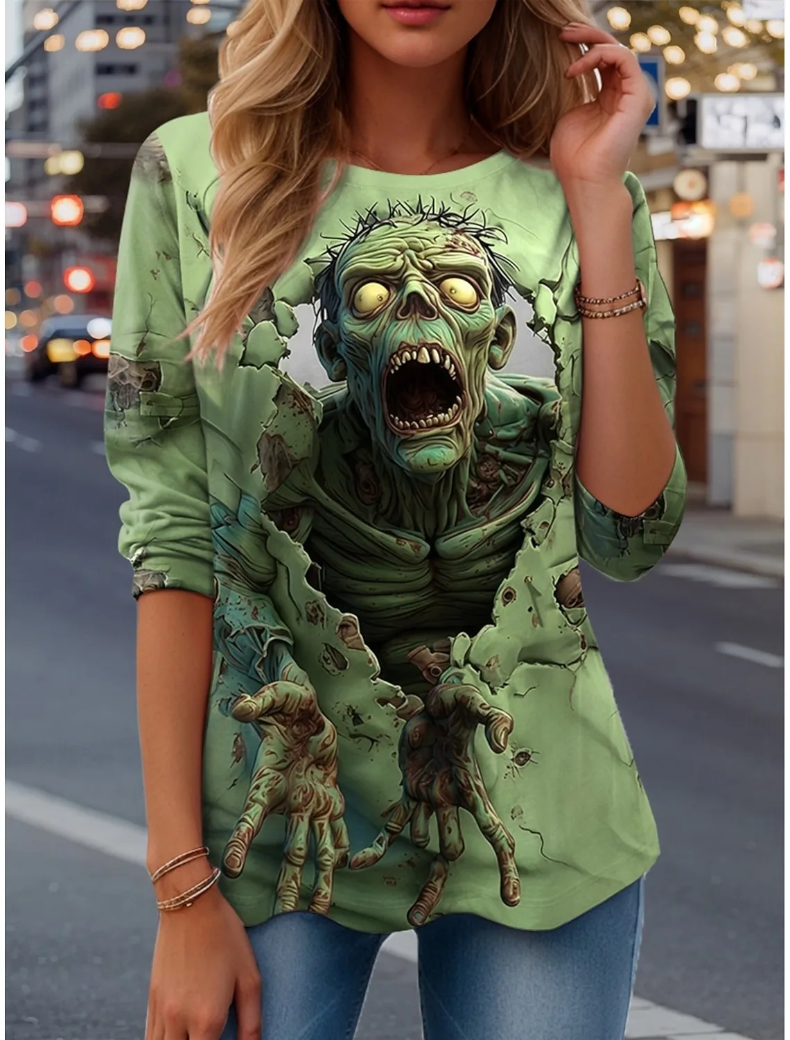 

Halloween Women's T Shirt Skulls Graphic Vintage Fashion Stylish Long Sleeve Crew Neck Regular Tops Daily Weekend Streetwear top