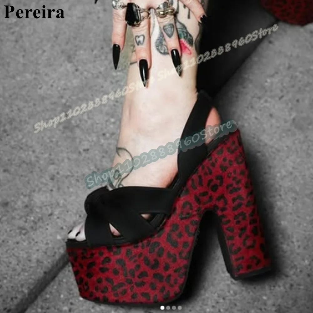 

Black Flock Knot Leopard Platform Sandals Chunky High Heel Shoes For Women Back Strap Open Toe Party Stylish Zapatos Para Mujer