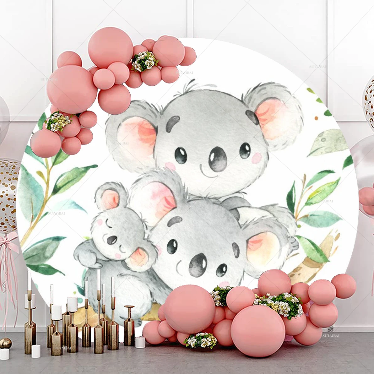 

Koala Theme Round Backdrop Safari Birthday Party Decoration Kids Woodland Animal Birthday Banner Circle Background Covers