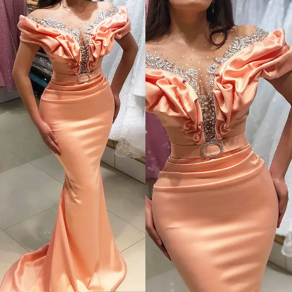 Vestidos de Noche de cuello transparente árabe para mujer, vestidos de graduación de sirena de satén con cuentas de cristales, vestidos de fiesta formales de segunda recepción para novias