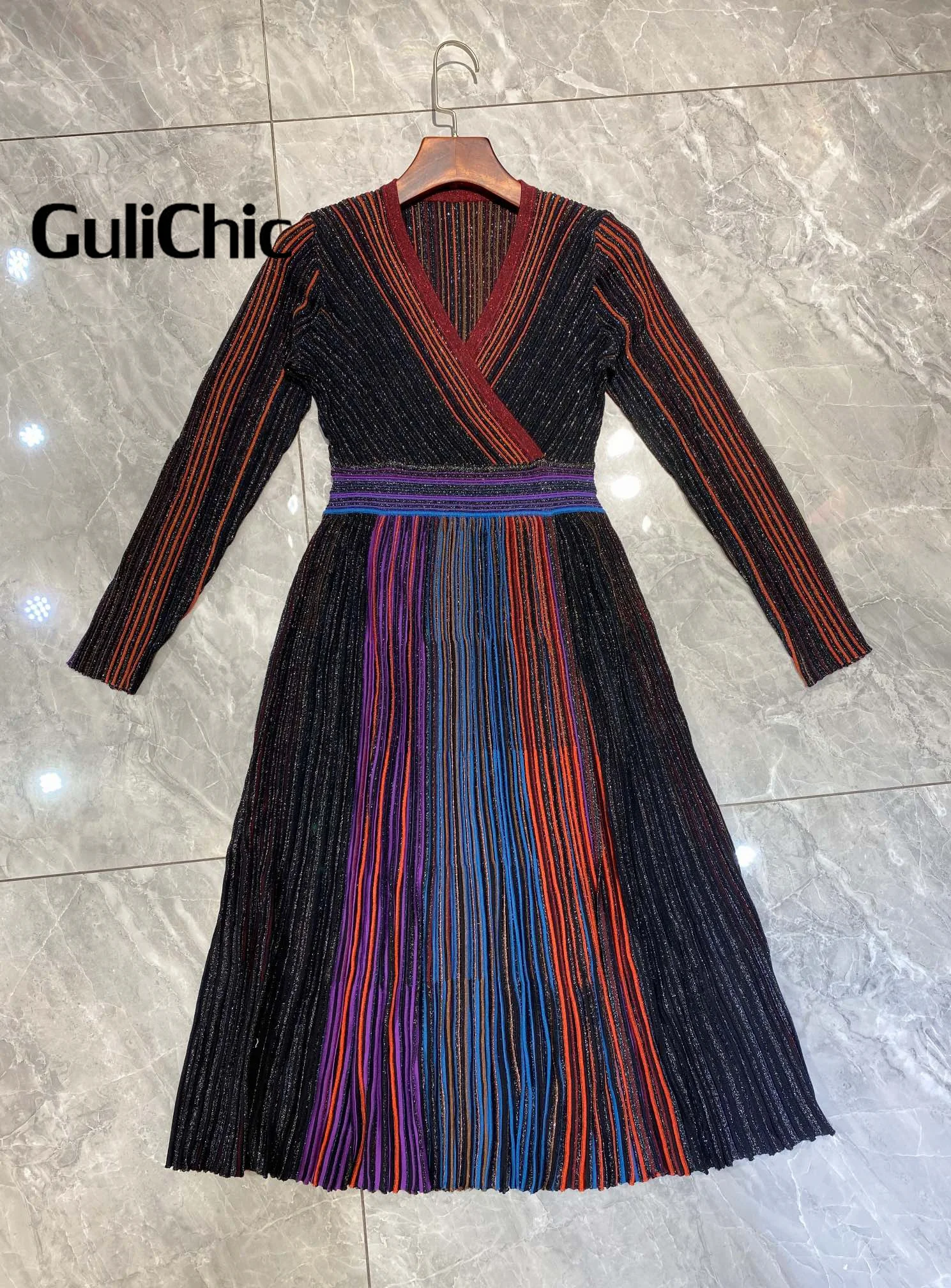 8.28 GuliChic Women Temperament V-Neck Colorful Striped Bright silk Design Collect Waist Slim Split Pleated Knit Dress