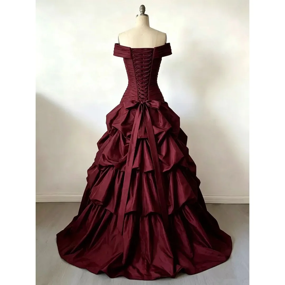 Vestido de Gala Borgoña Personalizado Cathy con Cola Barrida, Sin Mangas, Vestidos de Noche con Volantes Escalonados, Lujoso y Formal para Eventos 2026