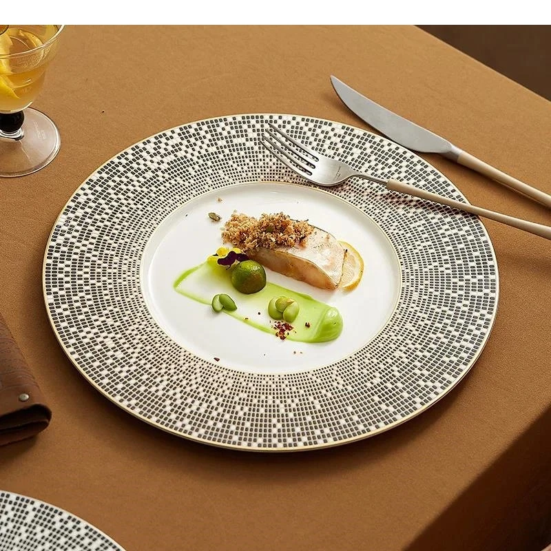 Irregular Hand Drawn Gilding Ceramic Flat Plate Restaurant Steak Dessert Pasta Plates Molecular Cuisine Tableware