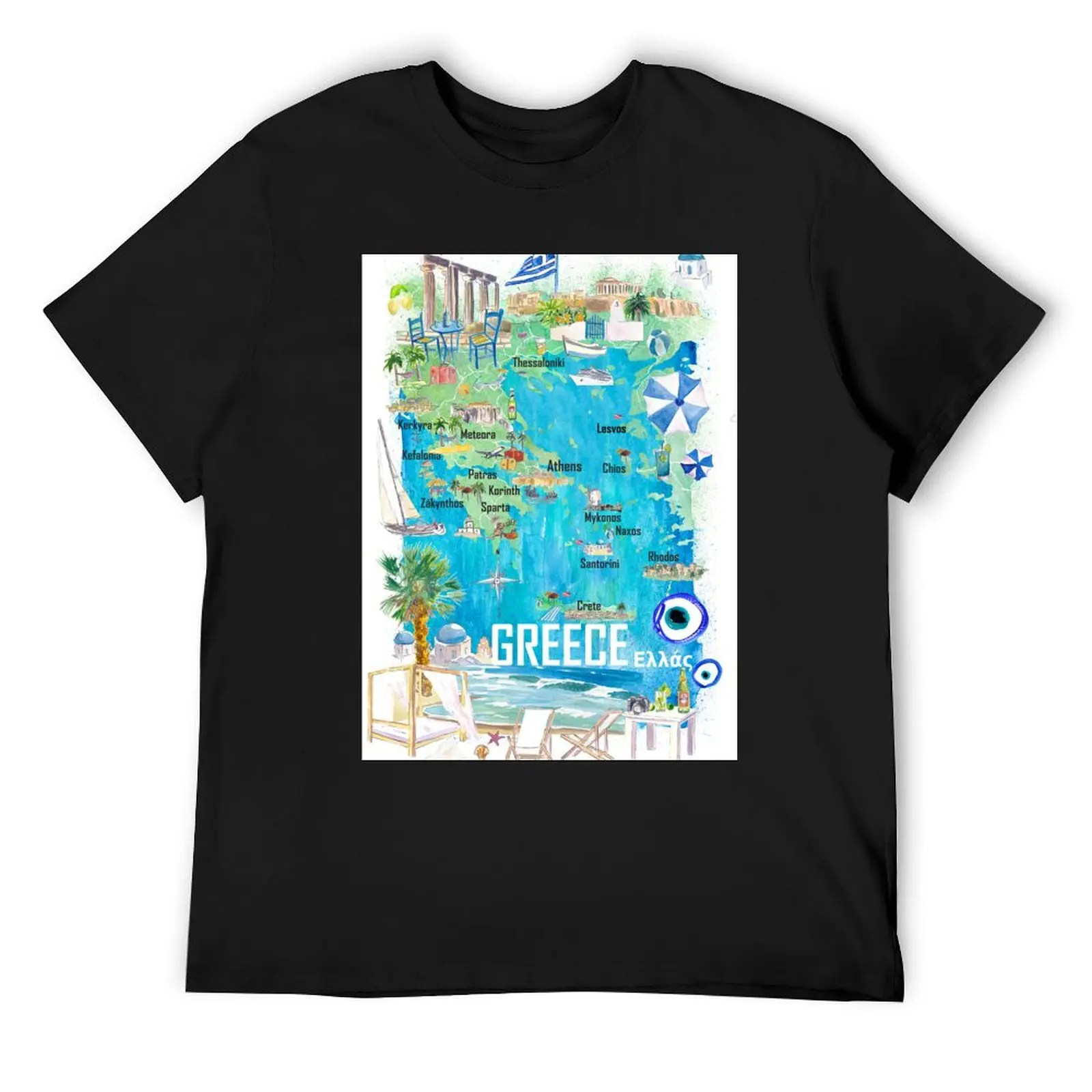 Greece Illustrated Travel Map in Mediterranean Aegean Adriatic Seas with Roads and Tourist Highlights T-Shirt