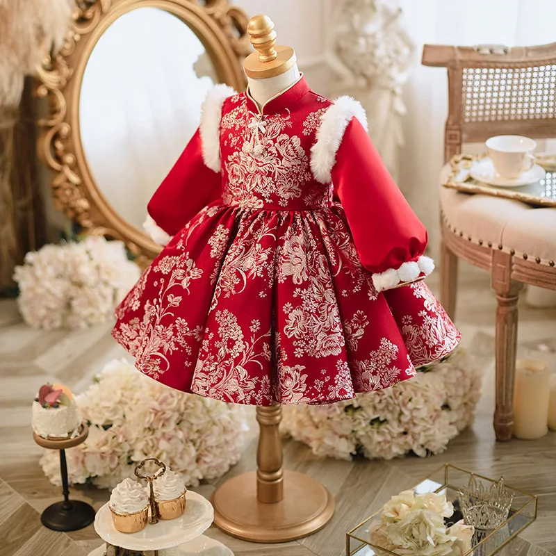 Girls Chinese Style New Year Princess Ball Gown Children Autumn Cute Bow Design Birthday Baptism Wedding Dress y1445